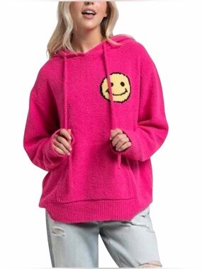 NEW Blue b Hot Pink Yellow Smile Smiley Face Emoji Knit Hoodie Sweatshirt S/M